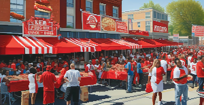 A vibrant street filled with enthusiastic sports fans in Atlanta wearing team colors, with food vendors and a sunny atmosphere.