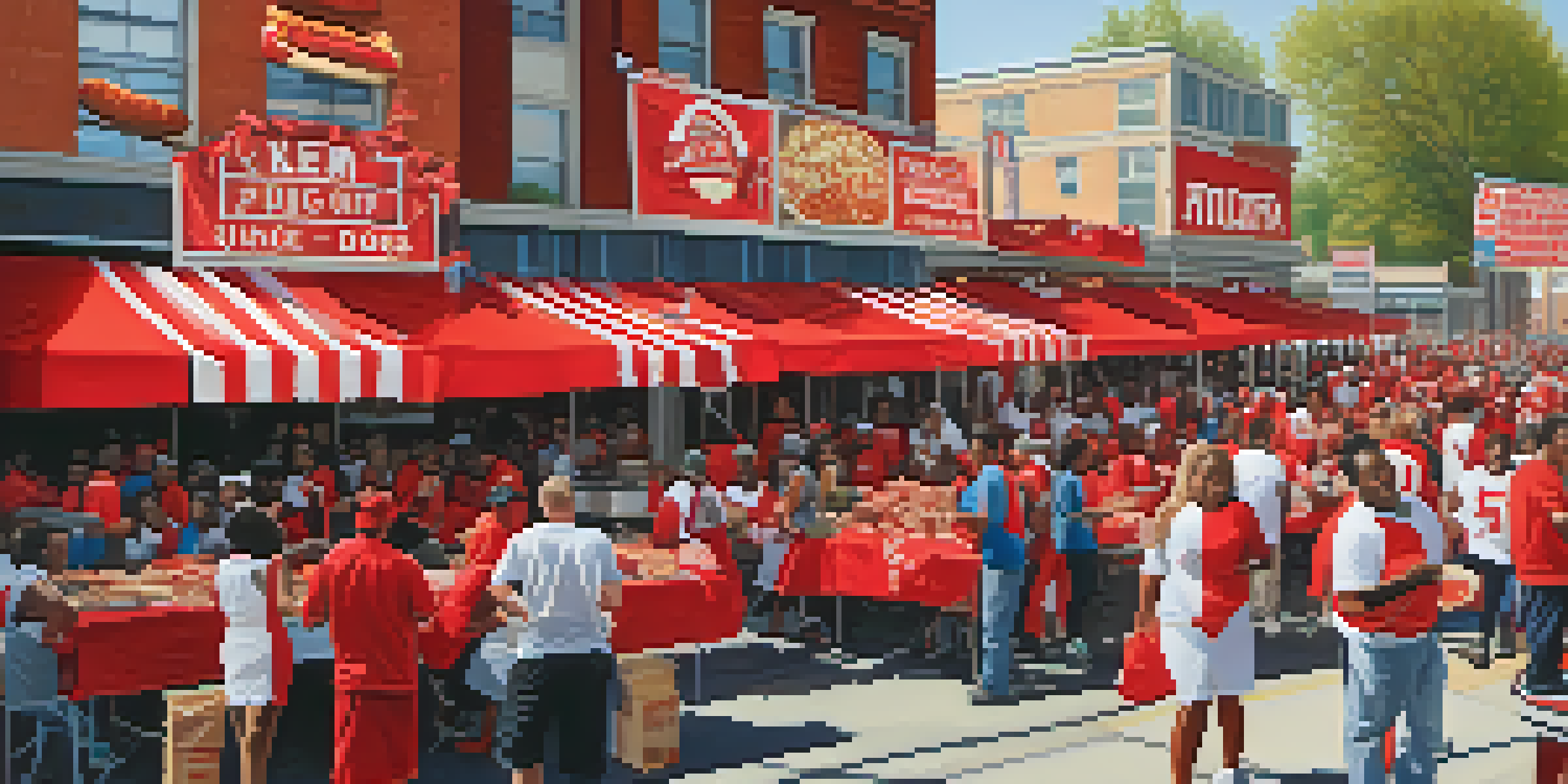 A vibrant street filled with enthusiastic sports fans in Atlanta wearing team colors, with food vendors and a sunny atmosphere.