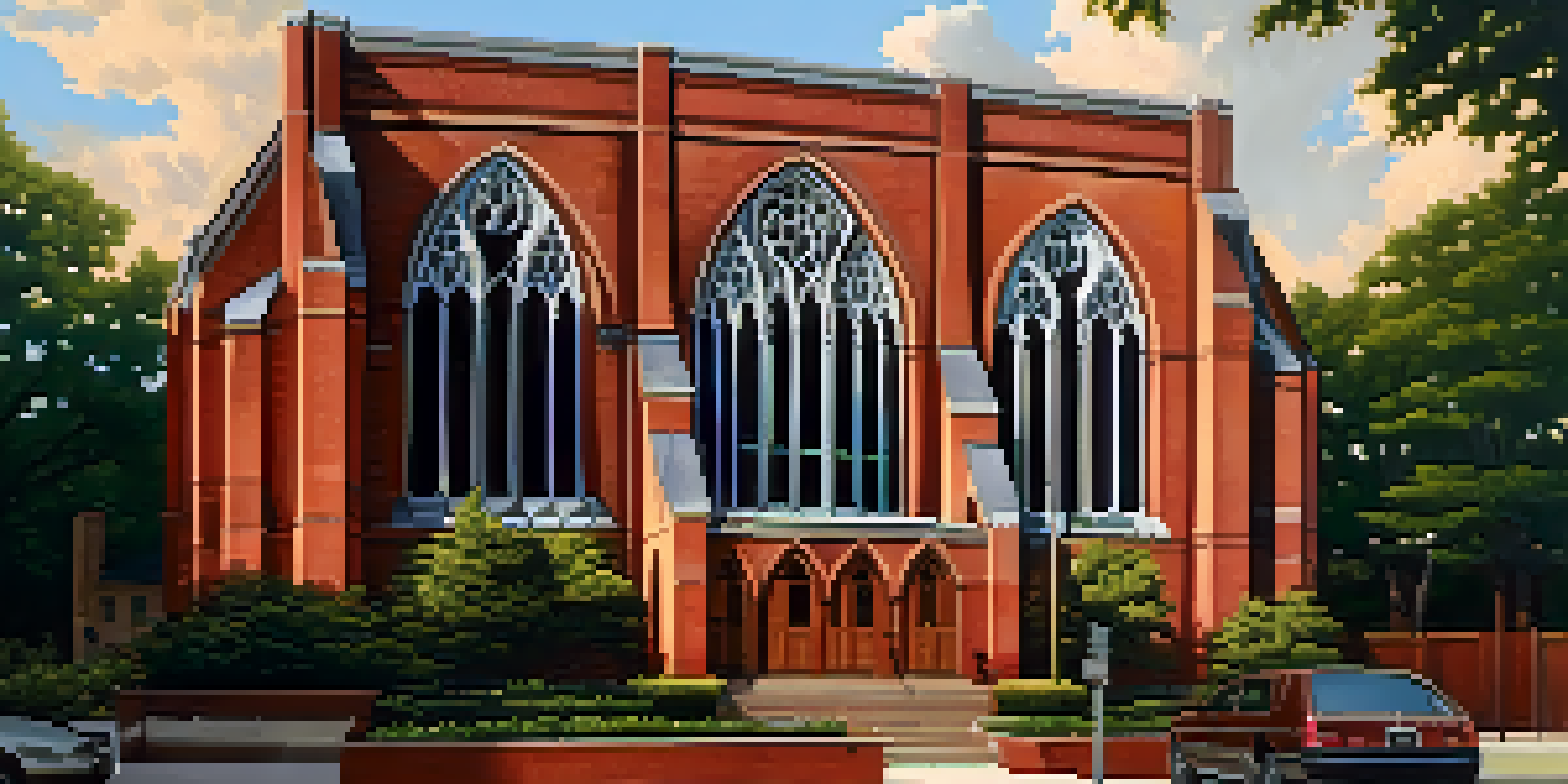 A view of Ebenezer Baptist Church highlighting its Neo-Gothic architecture with stained glass windows and surrounded by trees in warm sunlight.