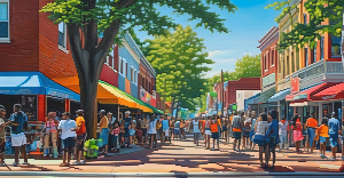 A bustling street in Atlanta's Little Five Points with colorful murals and diverse people enjoying their time.