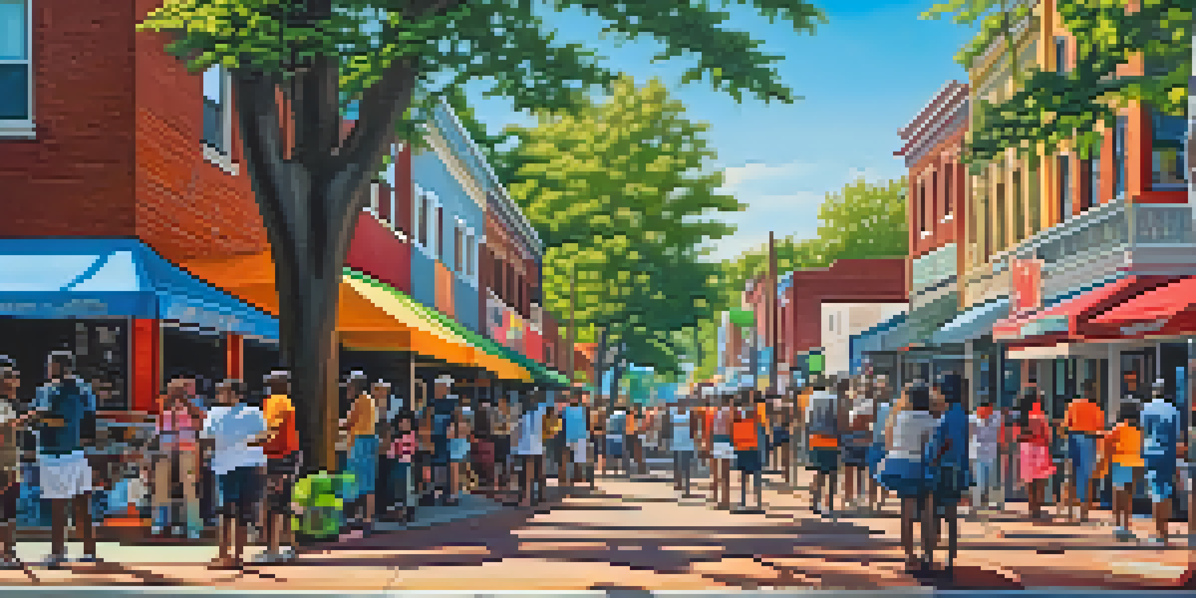 A bustling street in Atlanta's Little Five Points with colorful murals and diverse people enjoying their time.