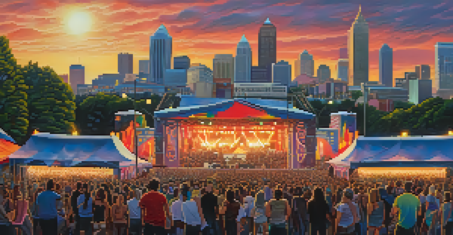 Crowd of rock music fans enjoying a live performance at the Shaky Knees Music Festival with the Atlanta skyline in the background.