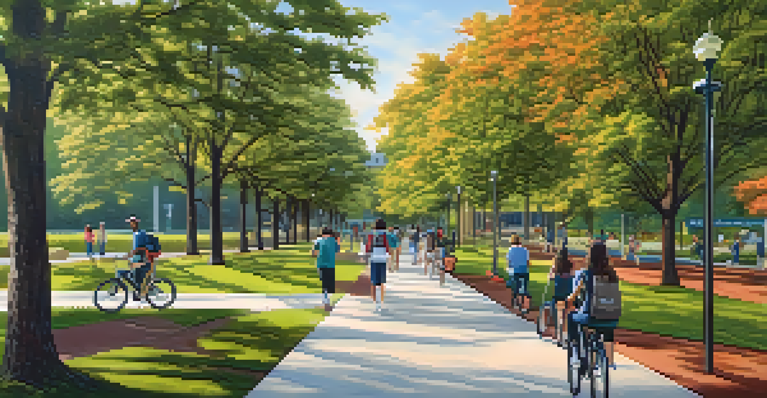 Students walking and biking on a tree-lined pathway at Emory University, with eco-friendly signs promoting sustainability.