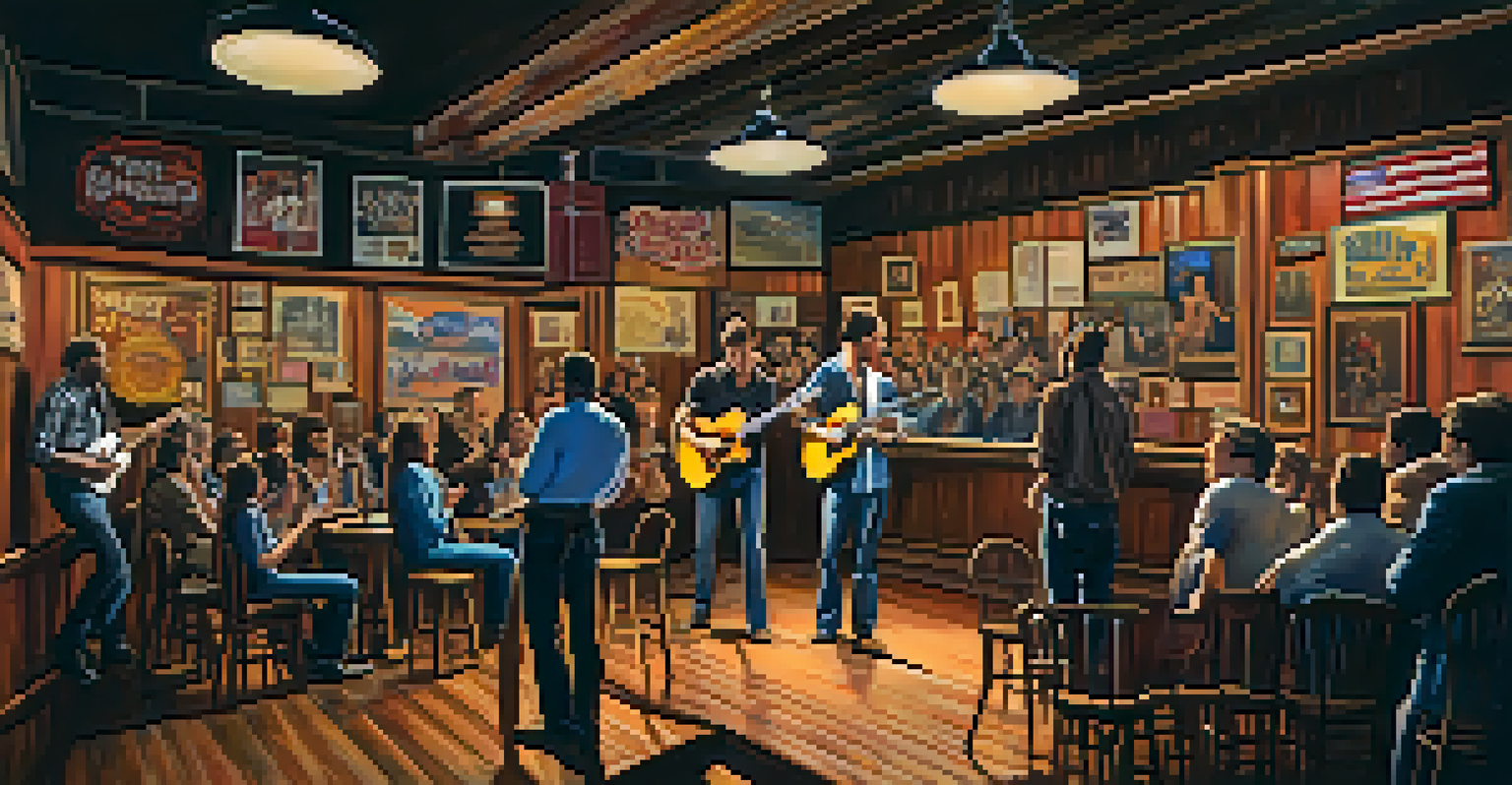 A cozy indoor music venue in Atlanta with a country artist performing on stage and an engaged audience enjoying the show.
