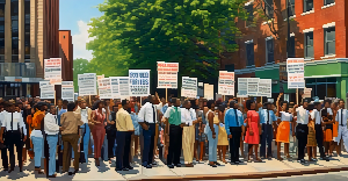 A historical representation of diverse peaceful protesters in Atlanta during the Civil Rights Movement, with signs for equality and historic buildings in the background.