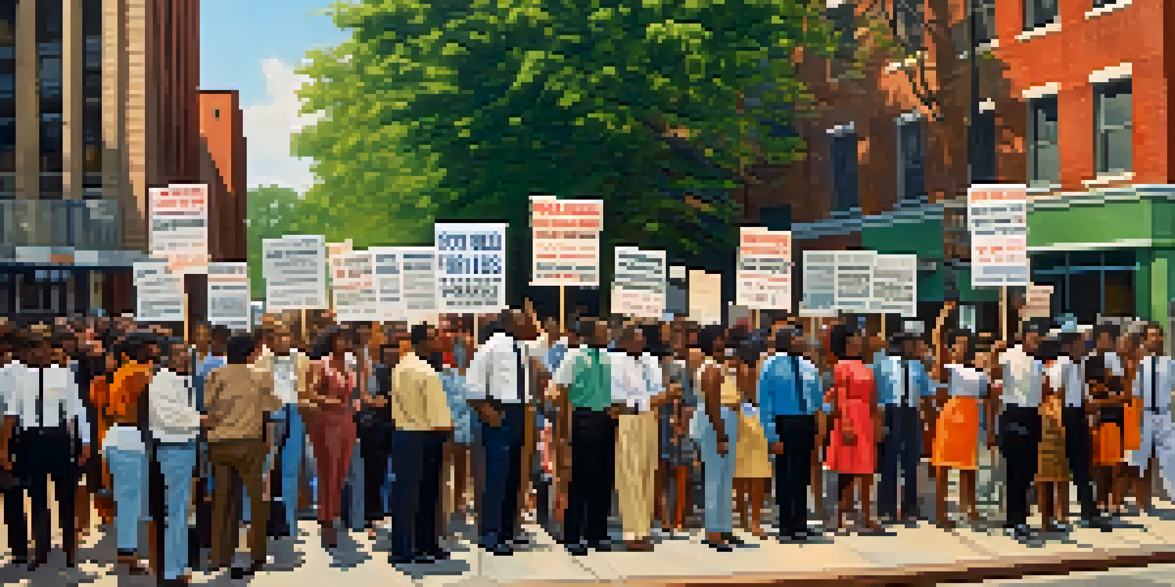 A historical representation of diverse peaceful protesters in Atlanta during the Civil Rights Movement, with signs for equality and historic buildings in the background.