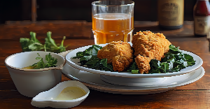 A beautifully plated Southern dish with fried chicken, collard greens, and cornbread, showcasing vibrant colors and textures.