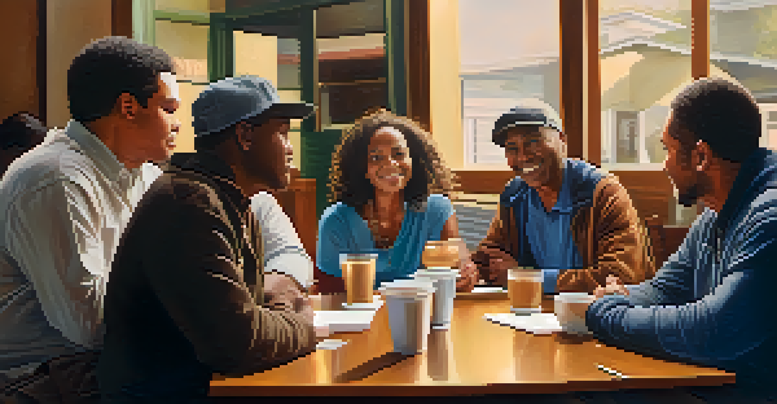 A neighborhood association meeting with community members discussing local issues around a table, with warm lighting.