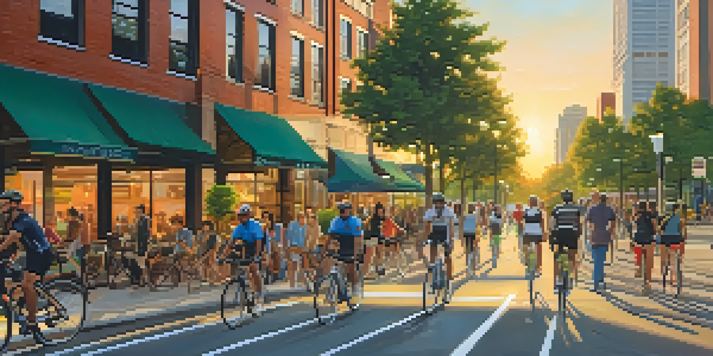 A busy bike lane in Atlanta with cyclists and pedestrians enjoying the sunset.