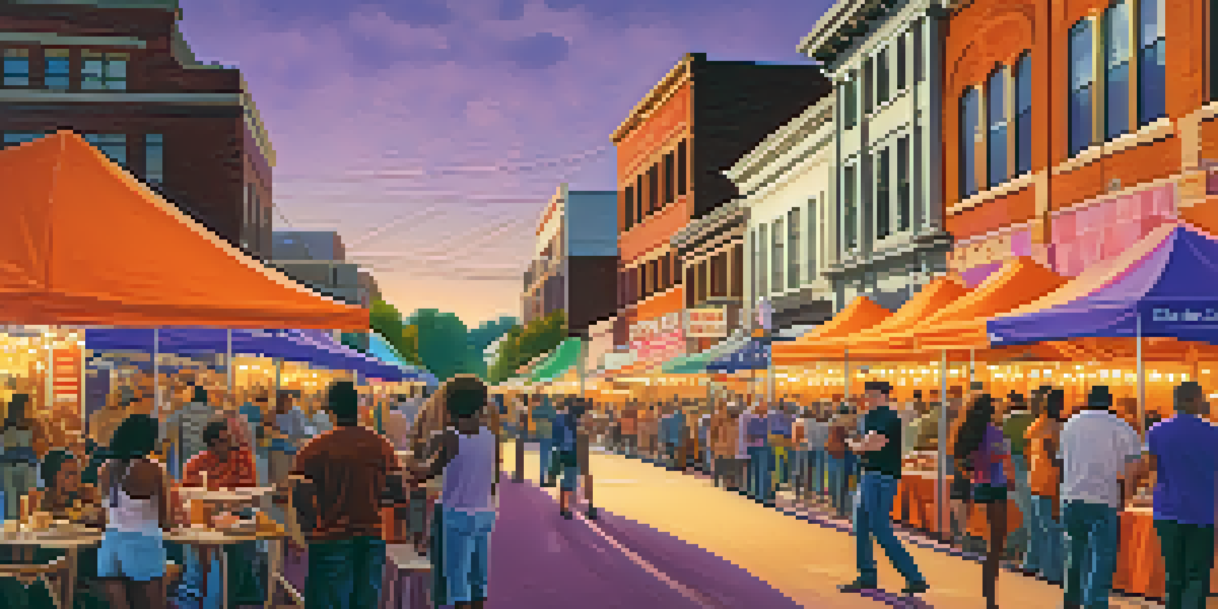 A lively street scene in Atlanta with a diverse crowd at a country music festival, featuring musicians on stage and colorful stalls.