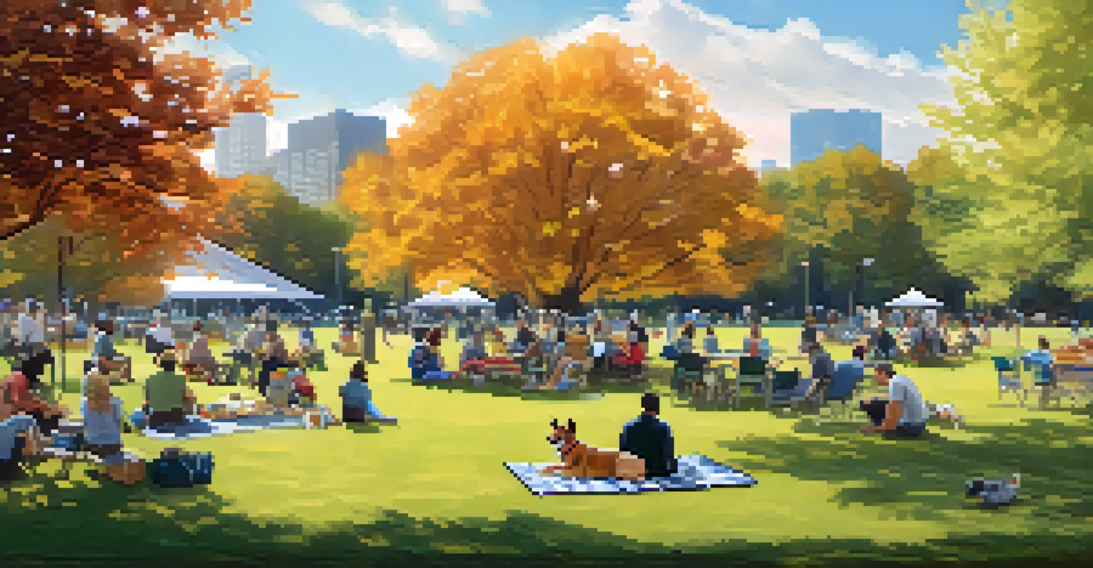 A peaceful picnic scene in Grant Park with dogs playing and owners enjoying a community event.