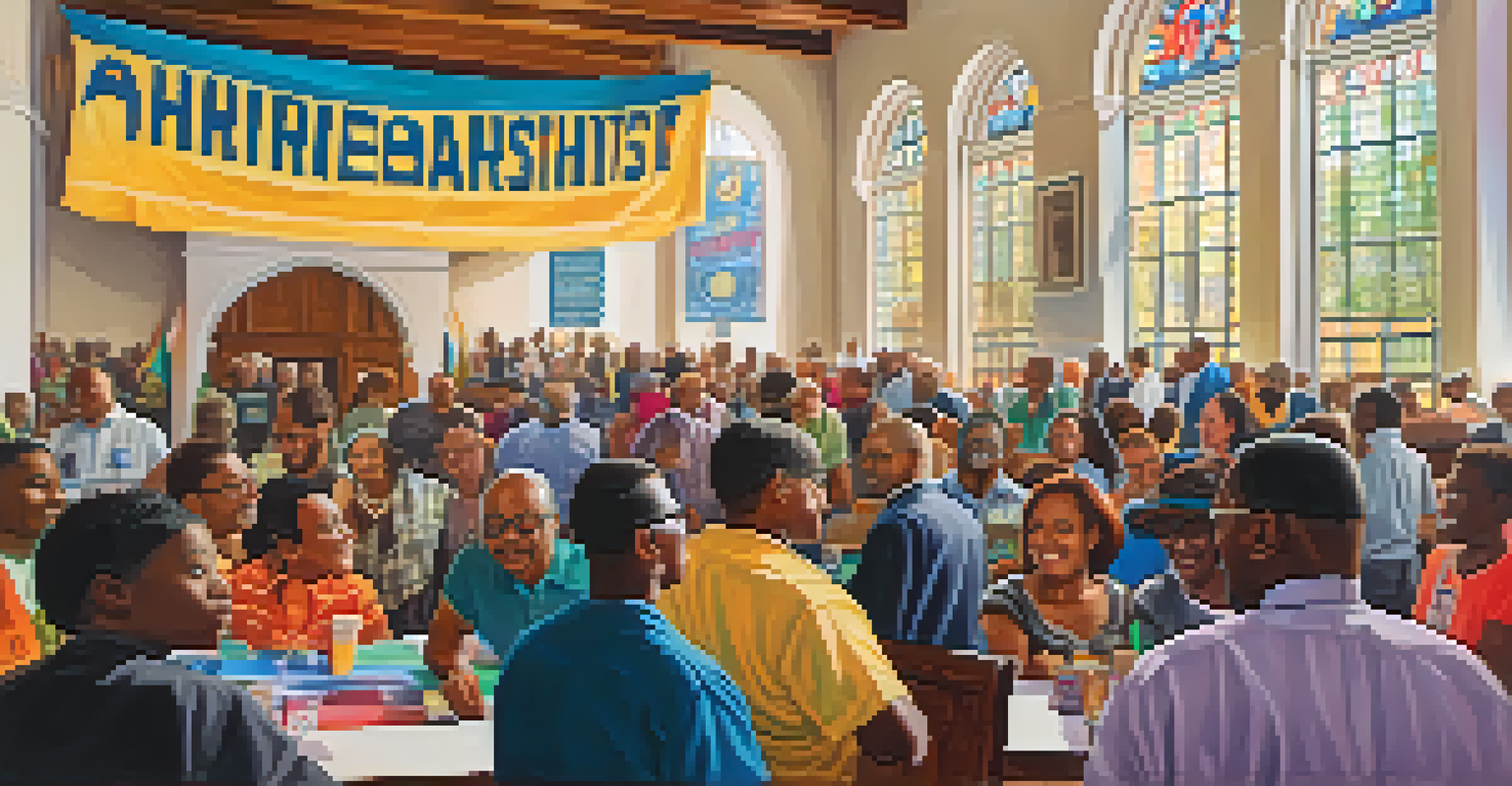 The interior of Ebenezer Baptist Church during a community event with people engaged in discussions and colorful decorations.