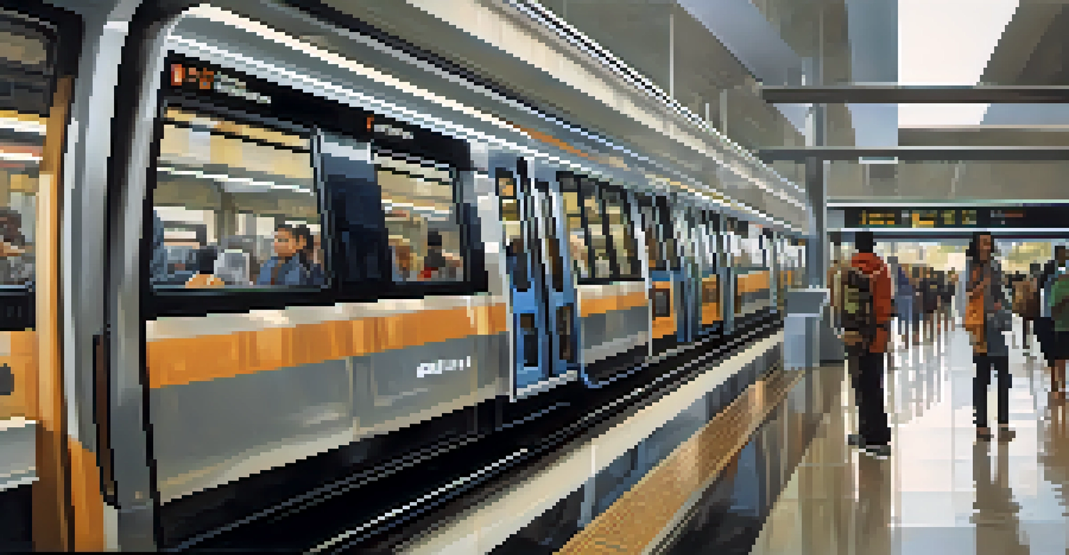 Inside a MARTA train at a modern station, with passengers of various backgrounds and soft light filtering through glass panels.
