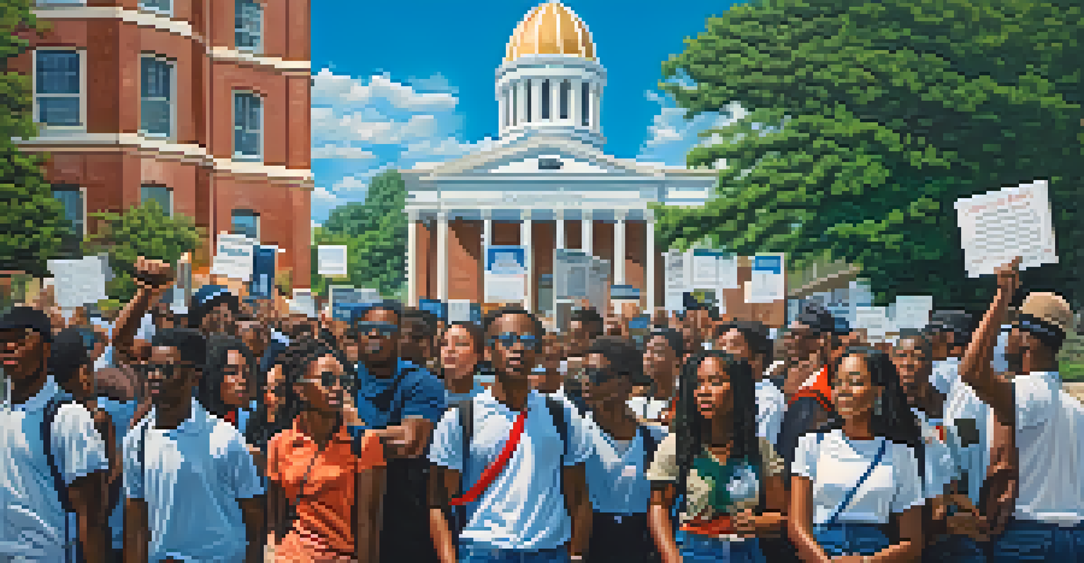 Students from a historically black college participate in a peaceful protest in Atlanta, holding signs for justice amidst green trees and historic architecture against a blue sky.