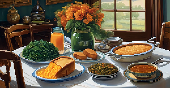 A Southern dinner table beautifully arranged with traditional African American dishes like gumbo, cornbread, and sweet potato pie in a warm, inviting setting.