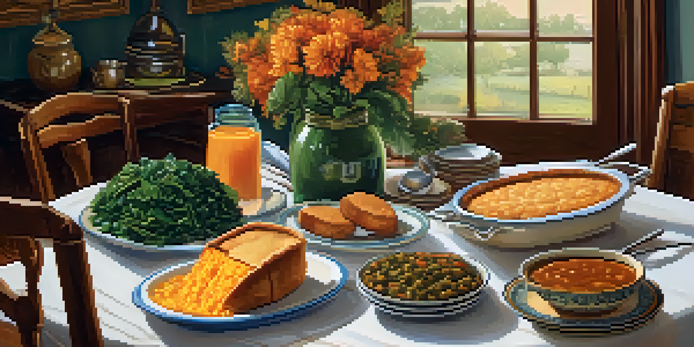 A Southern dinner table beautifully arranged with traditional African American dishes like gumbo, cornbread, and sweet potato pie in a warm, inviting setting.