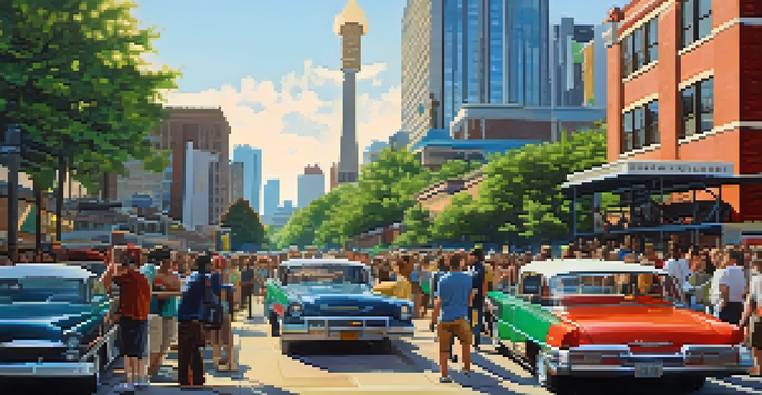 A diverse group of filmmakers and crew members working on a film set in Atlanta, surrounded by iconic buildings and greenery.