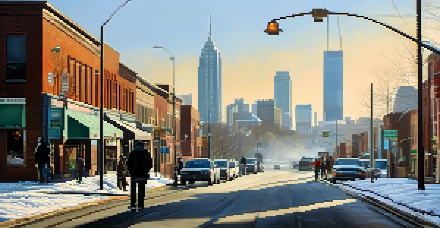 An urban street in Atlanta on a sunny winter day with people walking and patches of snow.