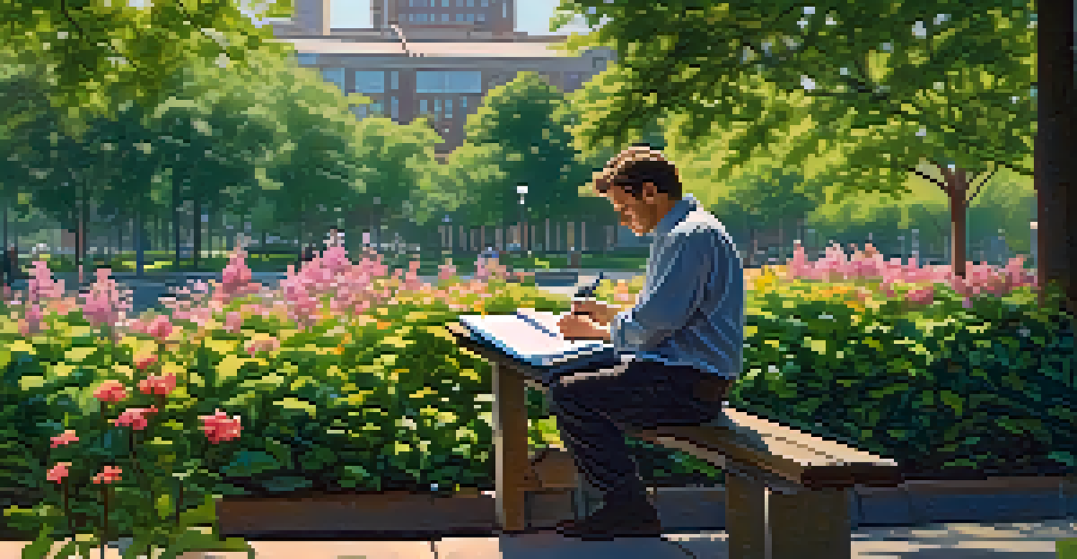 A writer sitting on a park bench in Atlanta, surrounded by greenery and flowers, writing in a notebook with a coffee cup beside them.