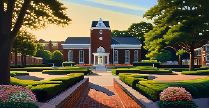 A peaceful view of the Martin Luther King Jr. National Historical Park, showcasing colorful flowers and trees with the Ebenezer Baptist Church in the background during sunset.