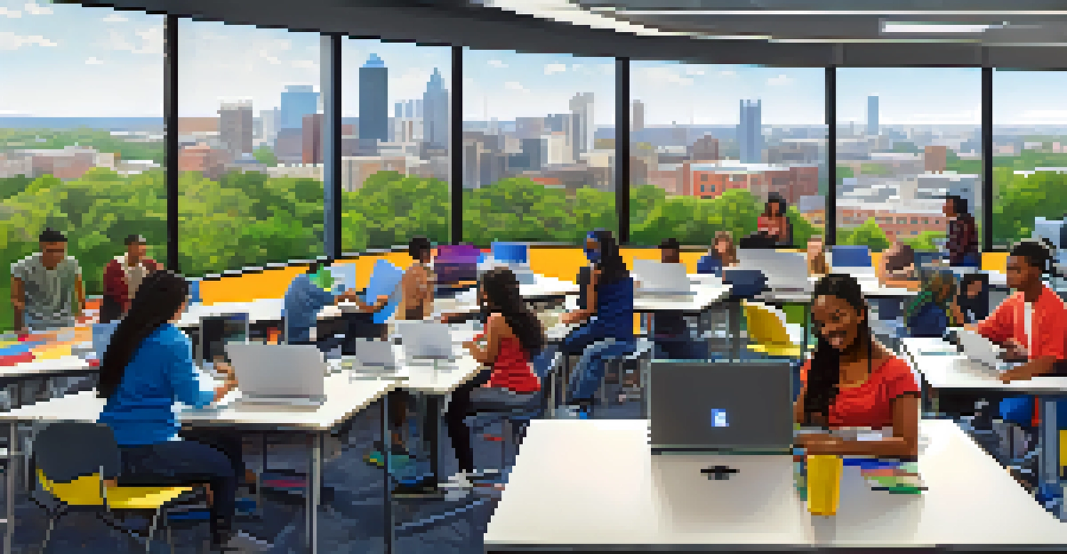 Students in a modern classroom collaborating on a project with technology and a view of the Atlanta skyline outside.