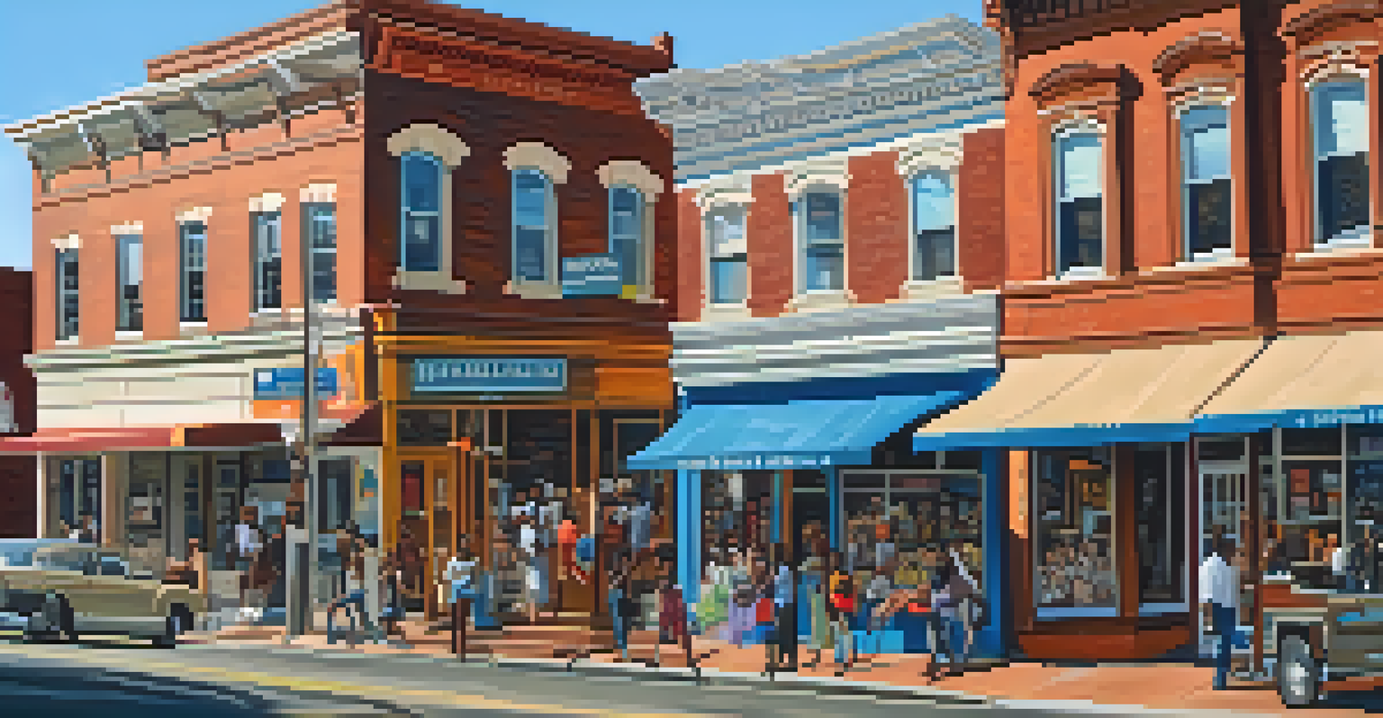 The Sweet Auburn Historic District, showcasing historic storefronts and vibrant murals, with people enjoying the community and culture under a blue sky.