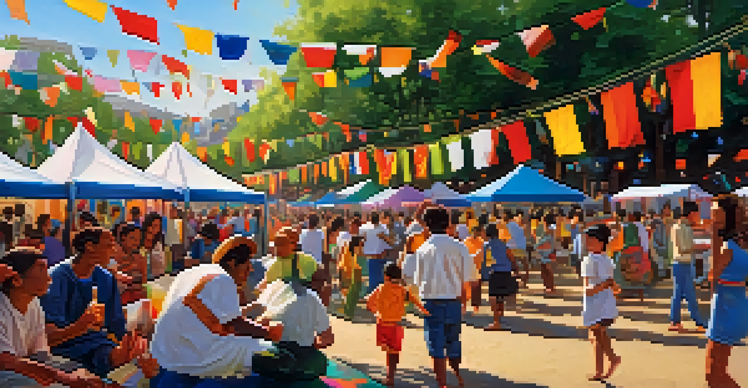 A vibrant festival scene in Atlanta with live music, colorful flags, and diverse food stalls, showcasing community joy.