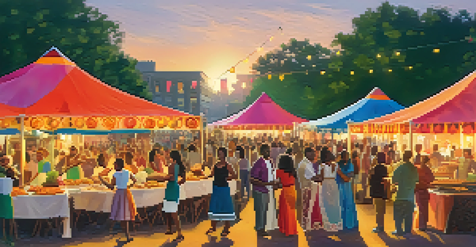 People celebrating at a cultural festival in Atlanta, enjoying food and music under colorful tents during sunset.