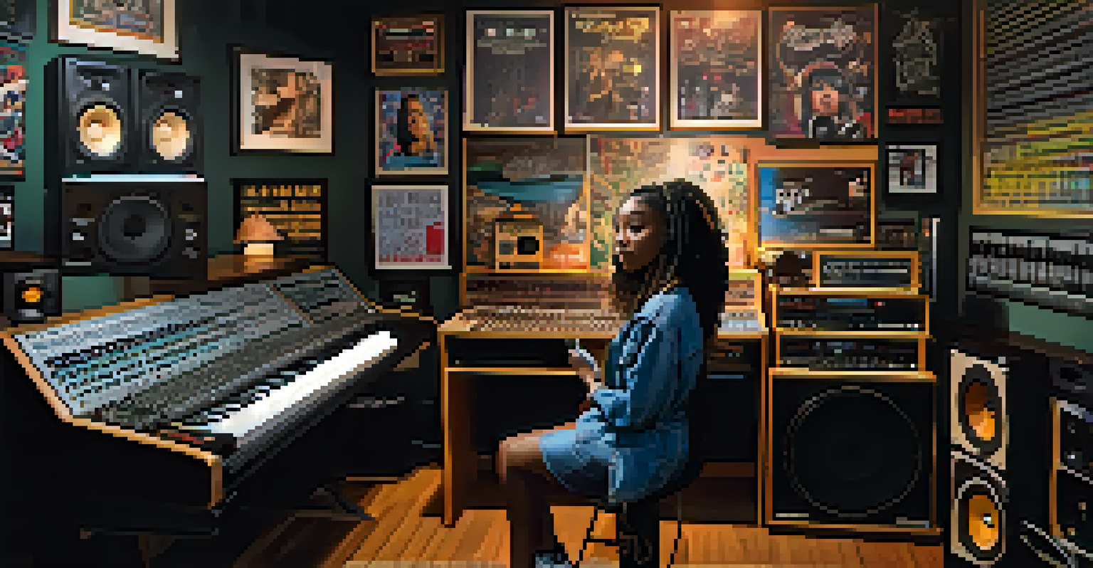 A young female rapper recording in a cozy studio filled with instruments, surrounded by posters of hip-hop legends and warm lighting.