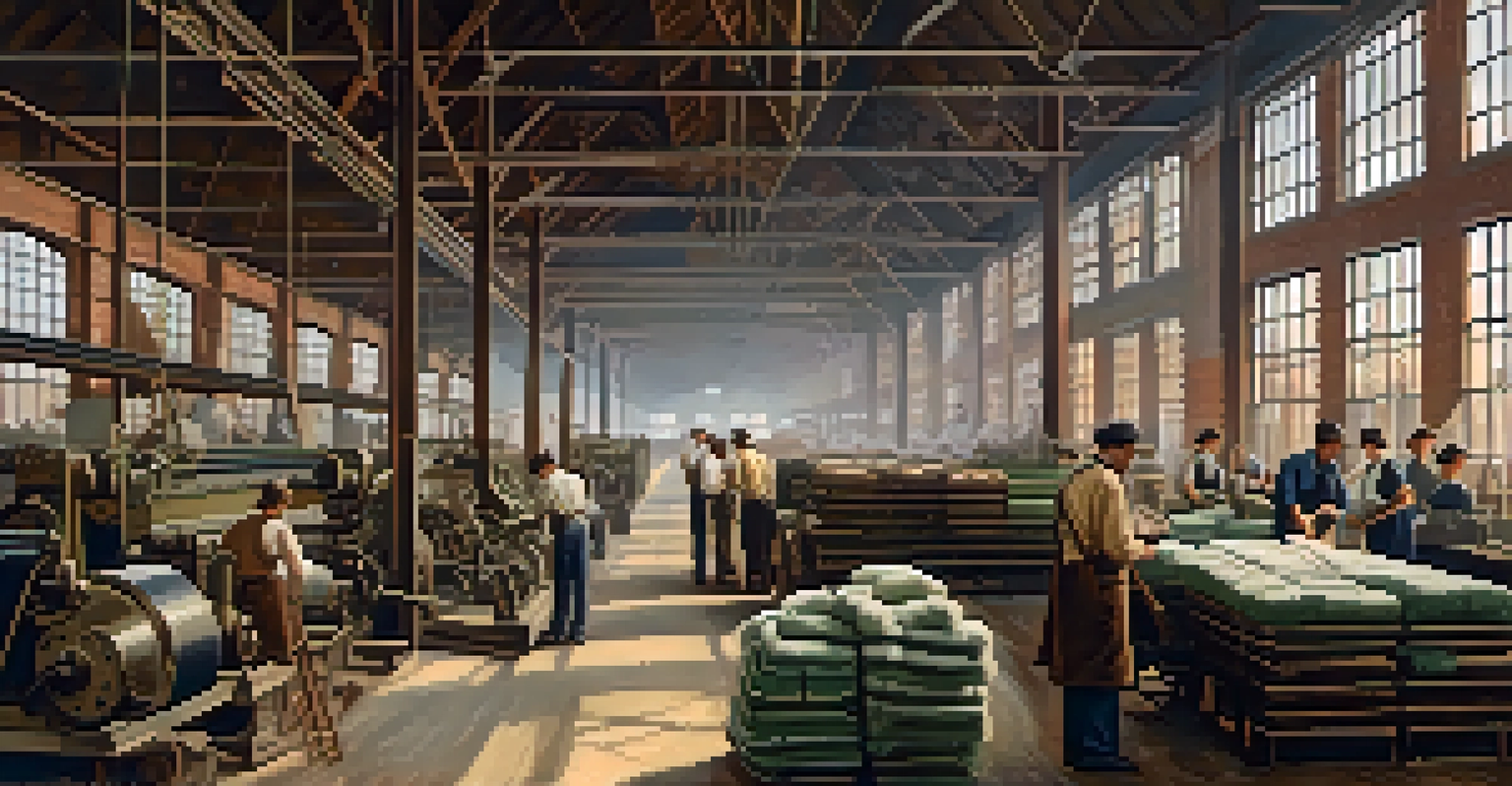 An industrial scene in Atlanta's early 1900s with textile mills and workers operating machinery.