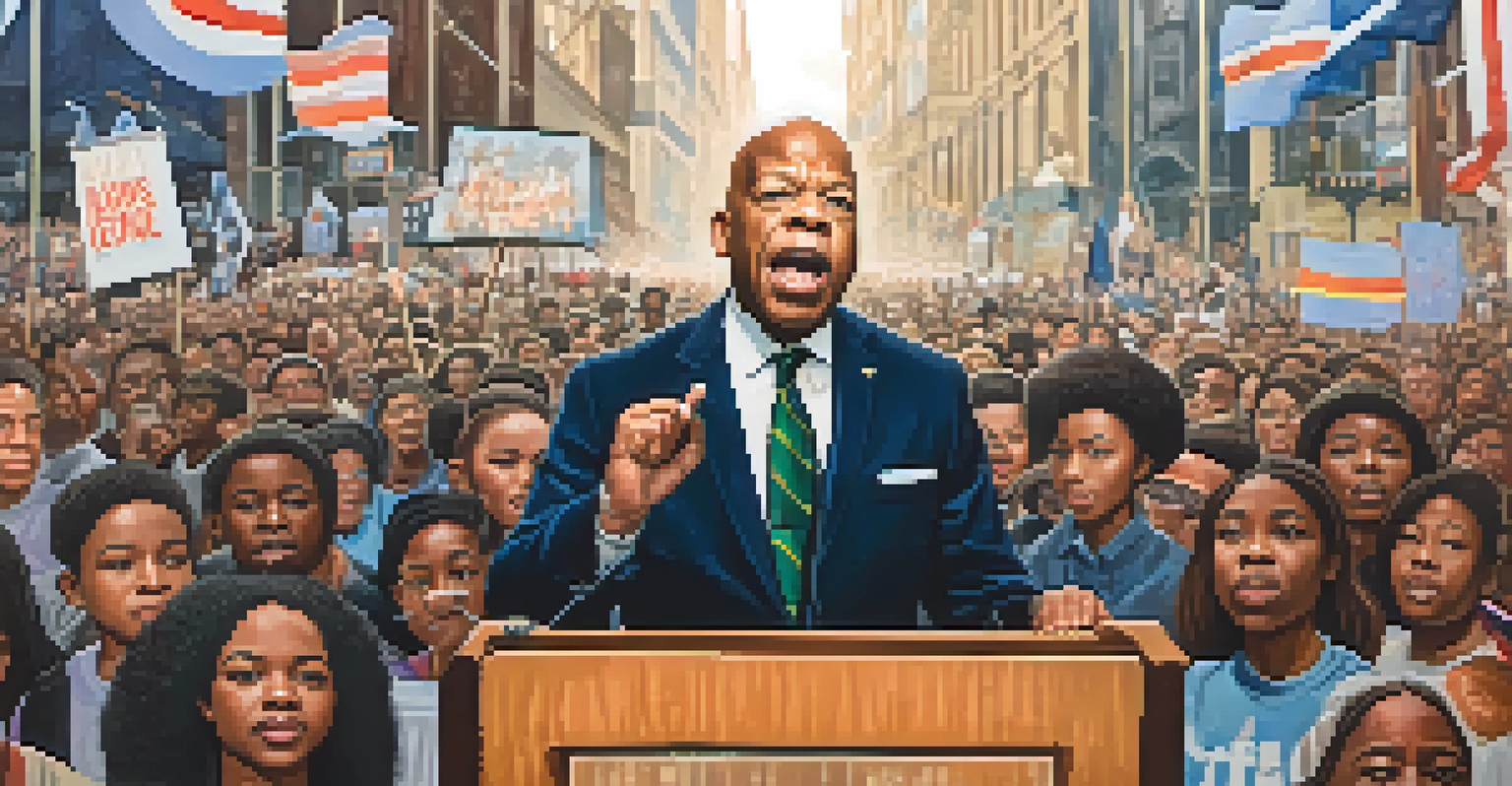 Civil rights leader John Lewis speaking at a podium with young activists, advocating for justice and equality.