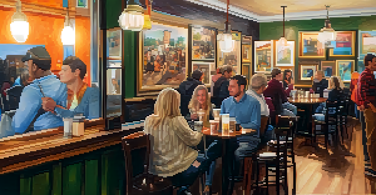An art and coffee event in a shop, with visitors enjoying beverages while viewing local artwork and listening to live music.
