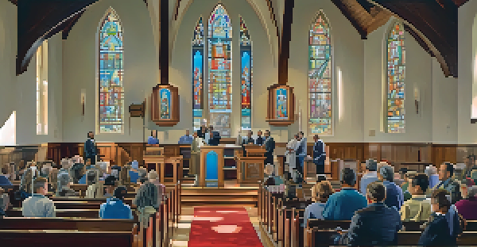 A diverse congregation gathered inside a sunlit church, with colorful stained glass reflections and a passionate pastor at the pulpit.