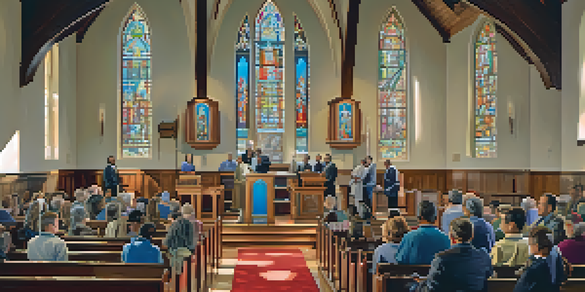 A diverse congregation gathered inside a sunlit church, with colorful stained glass reflections and a passionate pastor at the pulpit.