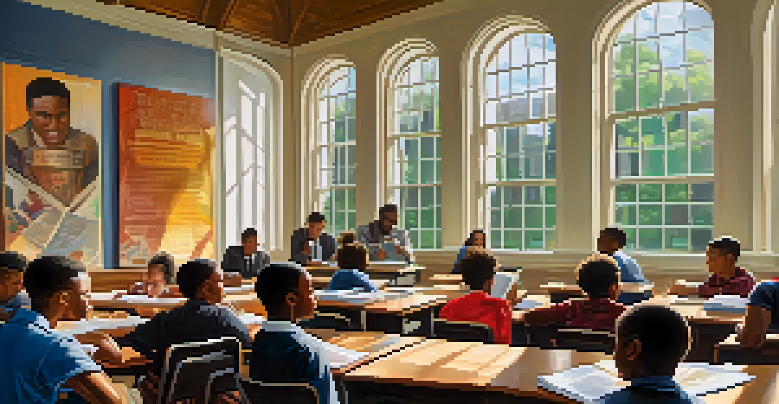 A group of students at Morehouse College discussing civil rights issues in a classroom filled with educational materials and warm natural light.