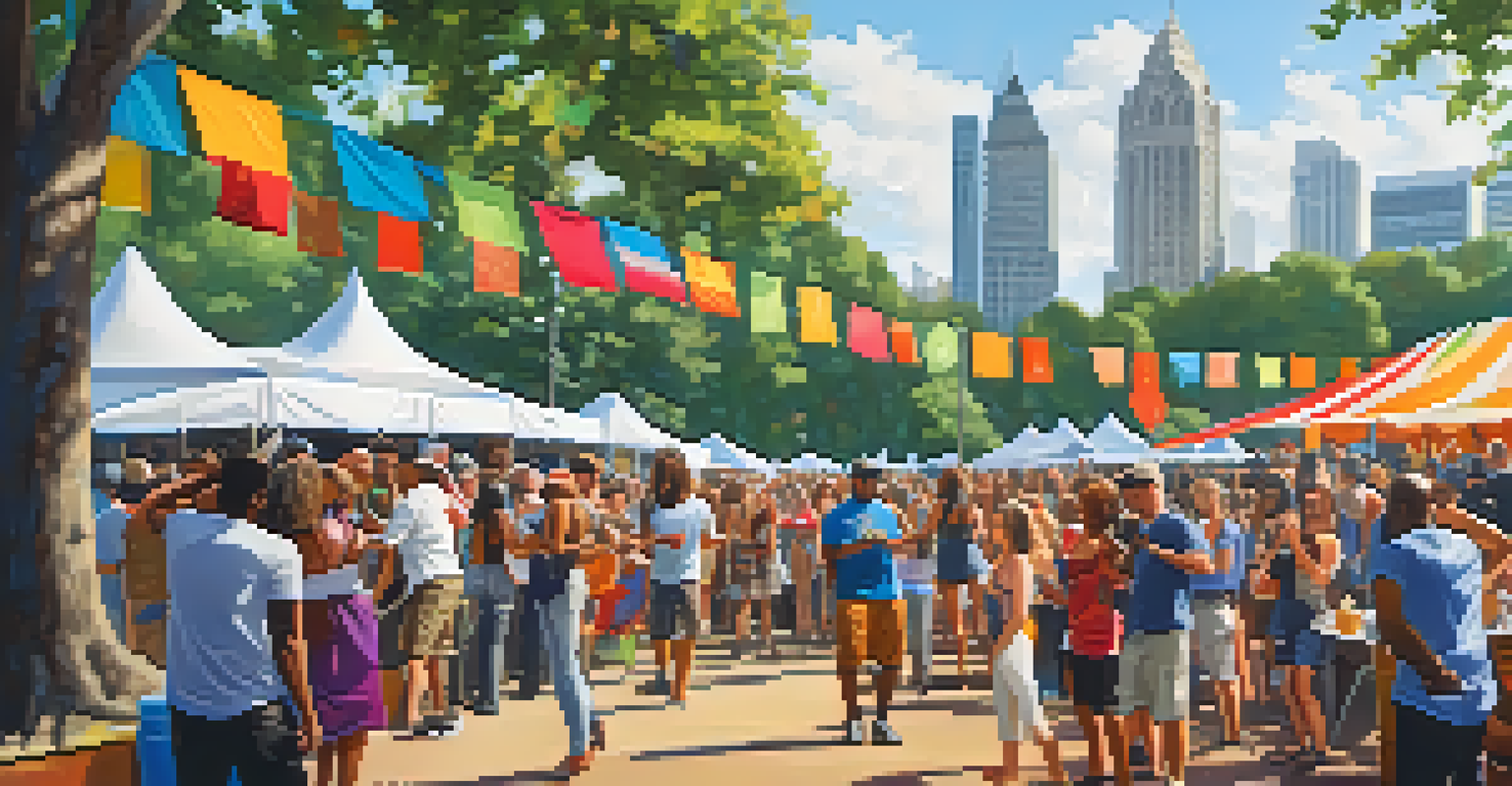 An outdoor music festival in Piedmont Park with a diverse crowd enjoying performances and food stalls.