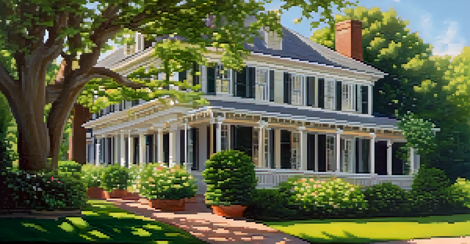 The historic Margaret Mitchell House with blooming flowers and greenery, beautifully illuminated by soft sunlight.