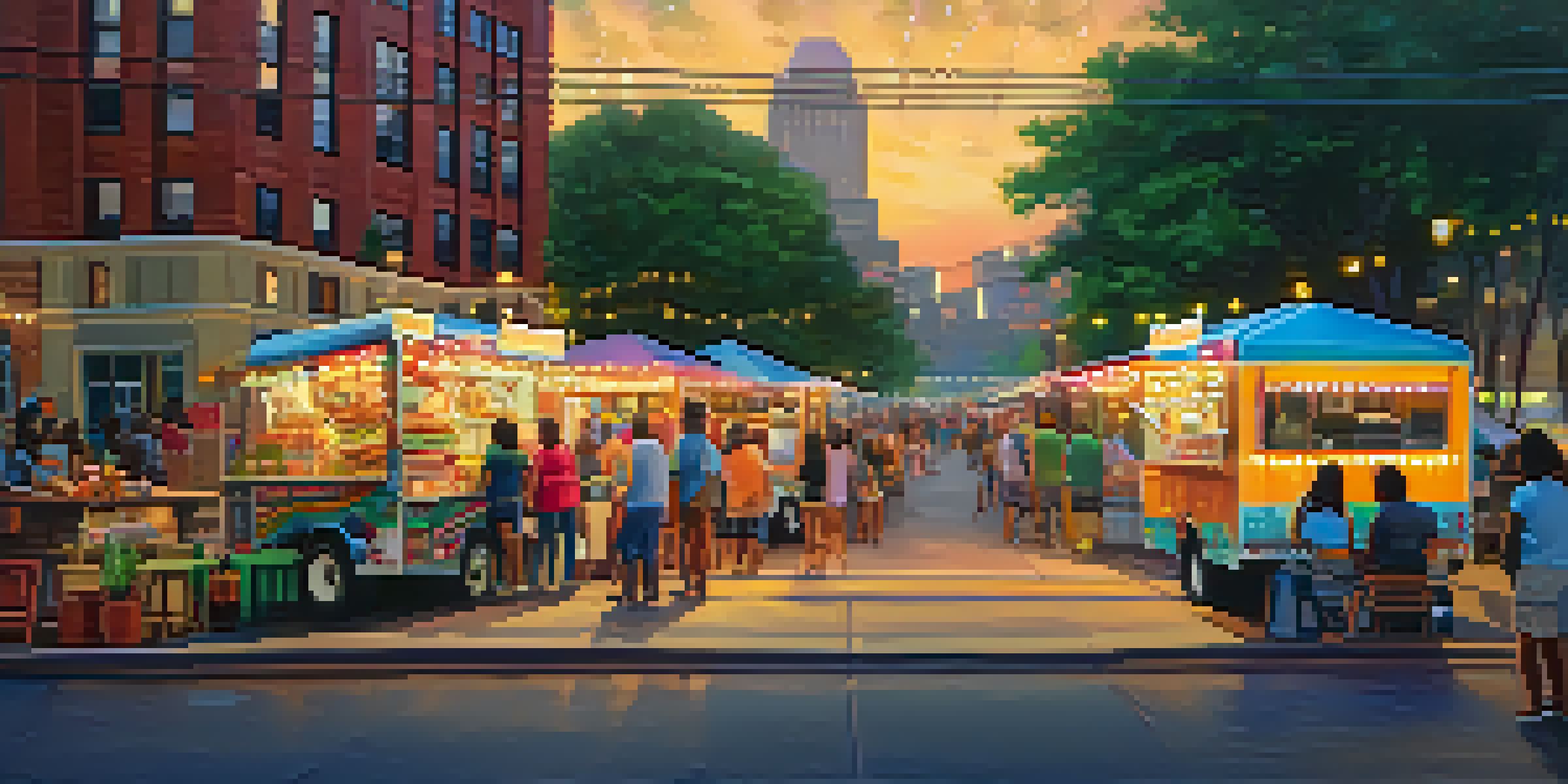 A lively Atlanta street filled with colorful food trucks and people dining at picnic tables, set against a sunset backdrop.