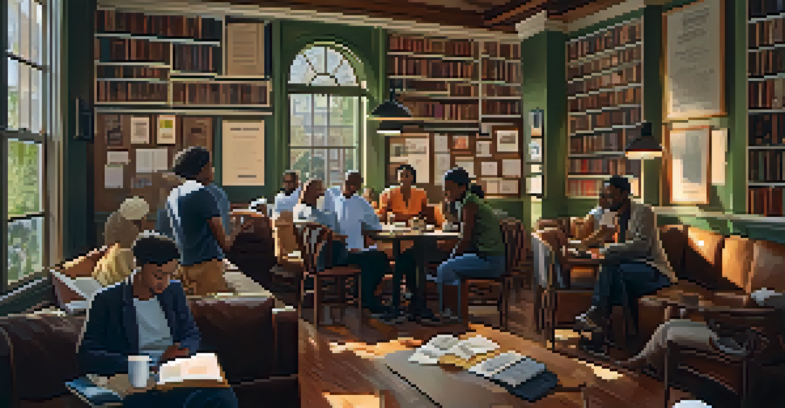 A diverse group of writers gathering in a cozy Atlanta coffee shop, surrounded by books and notebooks.