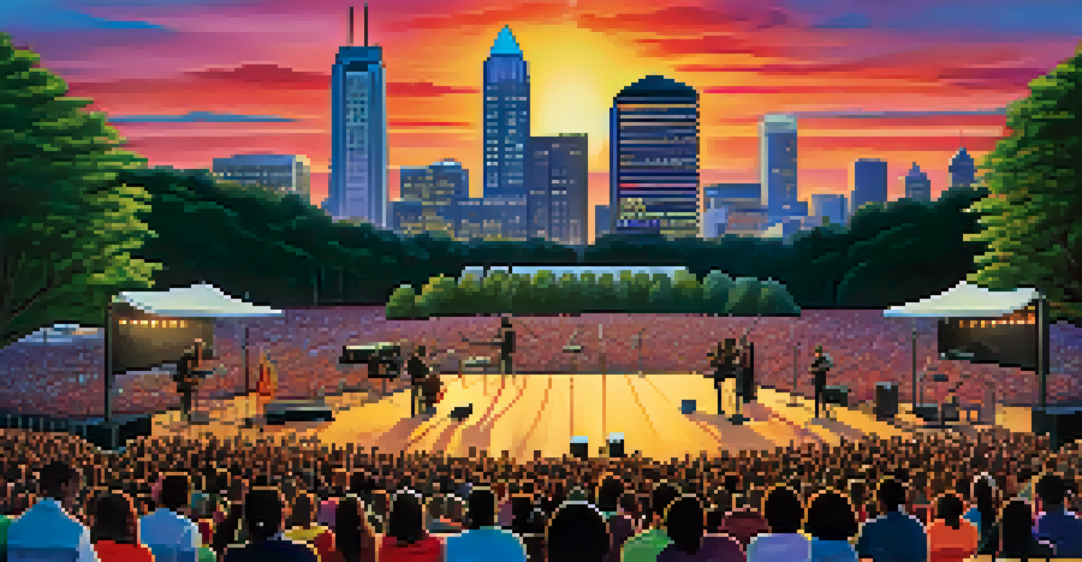 A beautiful sunset view of the Atlanta skyline with a music stage set up in the foreground, surrounded by greenery and flowers.