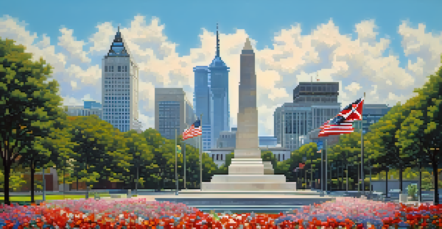 A modern Atlanta skyline featuring historical Civil War monuments in the foreground, symbolizing the blend of history and progress.