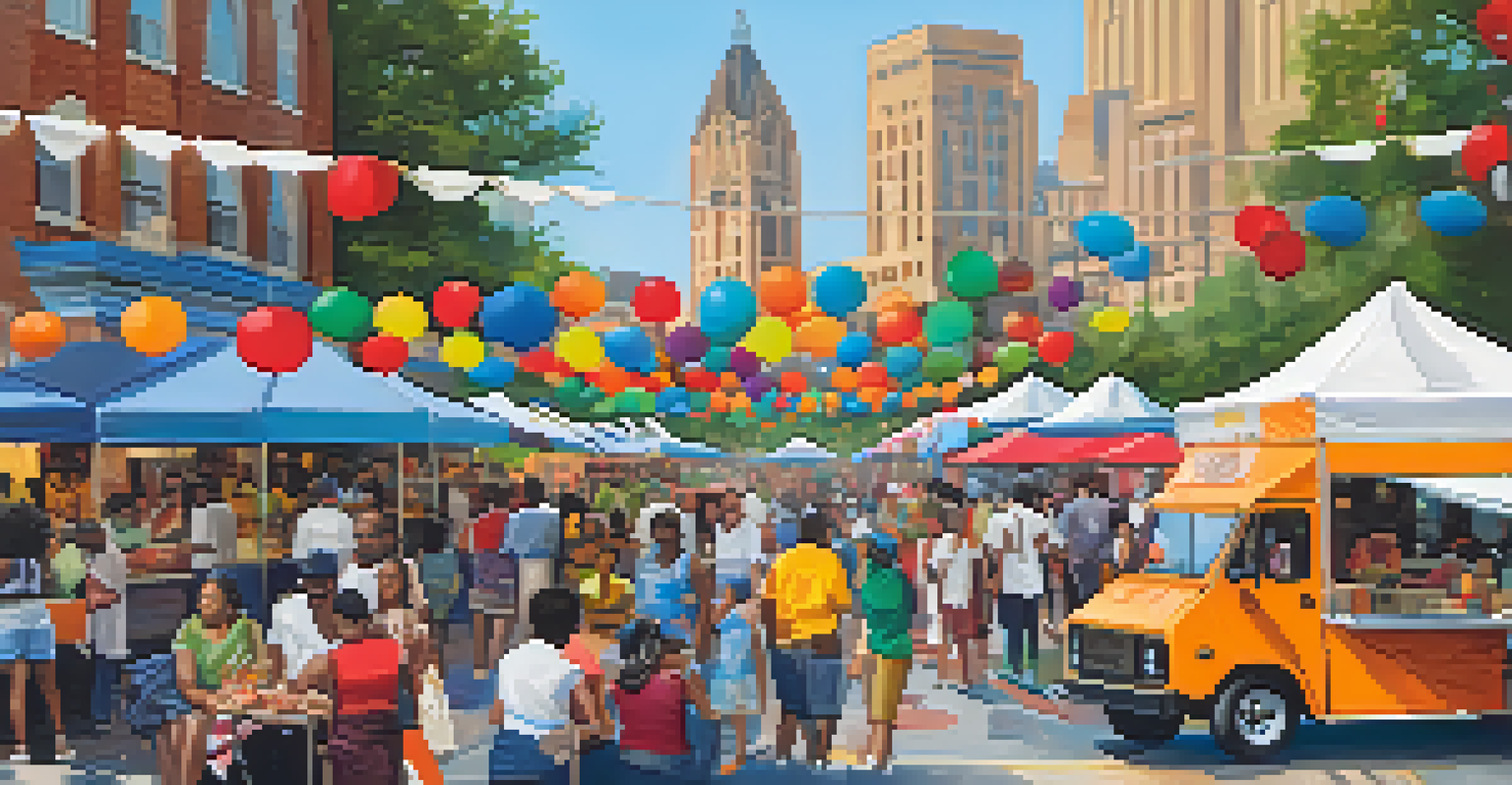 A busy street food festival with food trucks and vendors serving diverse international dishes, surrounded by families and friends enjoying the food.
