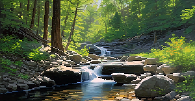 A beautiful waterfall in a green forest, with sunlight filtering through the trees and colorful wildflowers.