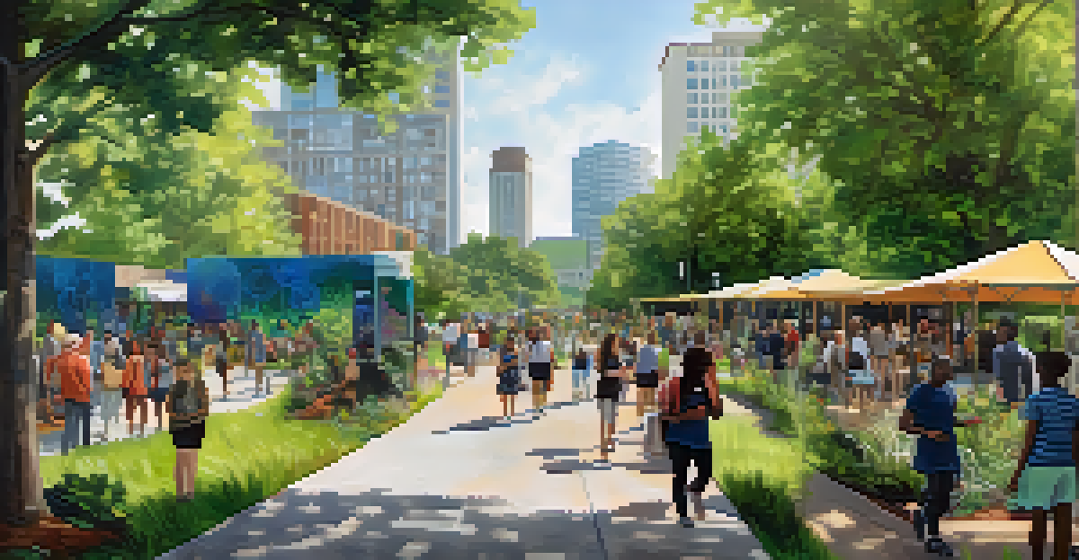 The Atlanta BeltLine with pedestrians, greenery, and public art, showcasing local activists promoting sustainability on a sunny day.