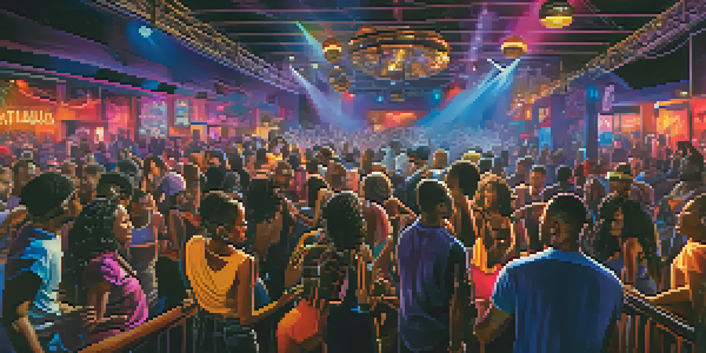 A lively Atlanta nightclub with diverse people dancing, colorful lights, and a live band performing on stage.