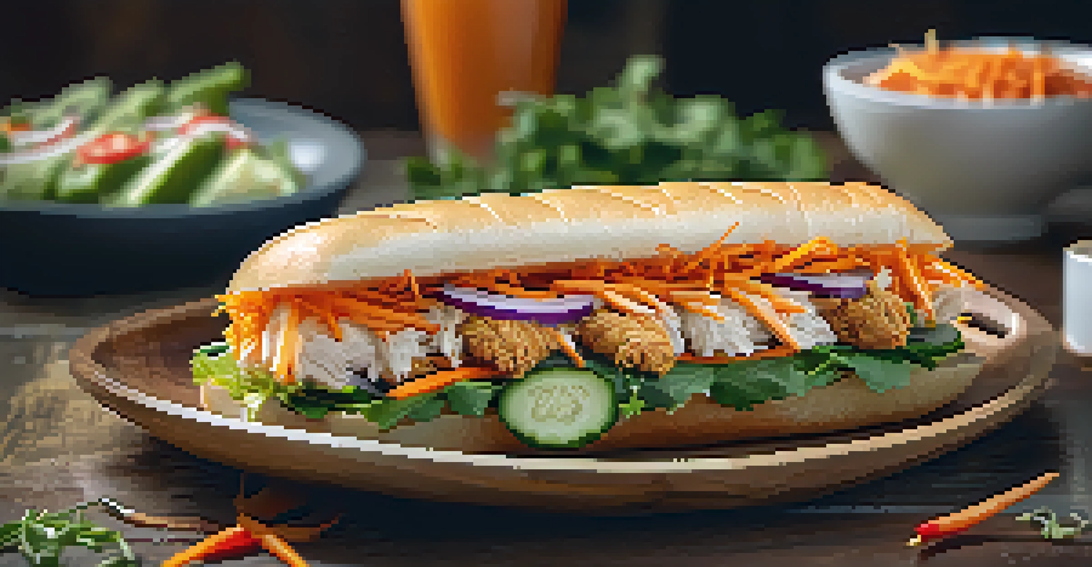 A Fried Chicken Banh Mi sandwich on a rustic plate with pickled vegetables and spicy mayo, set against a blurred kitchen background.