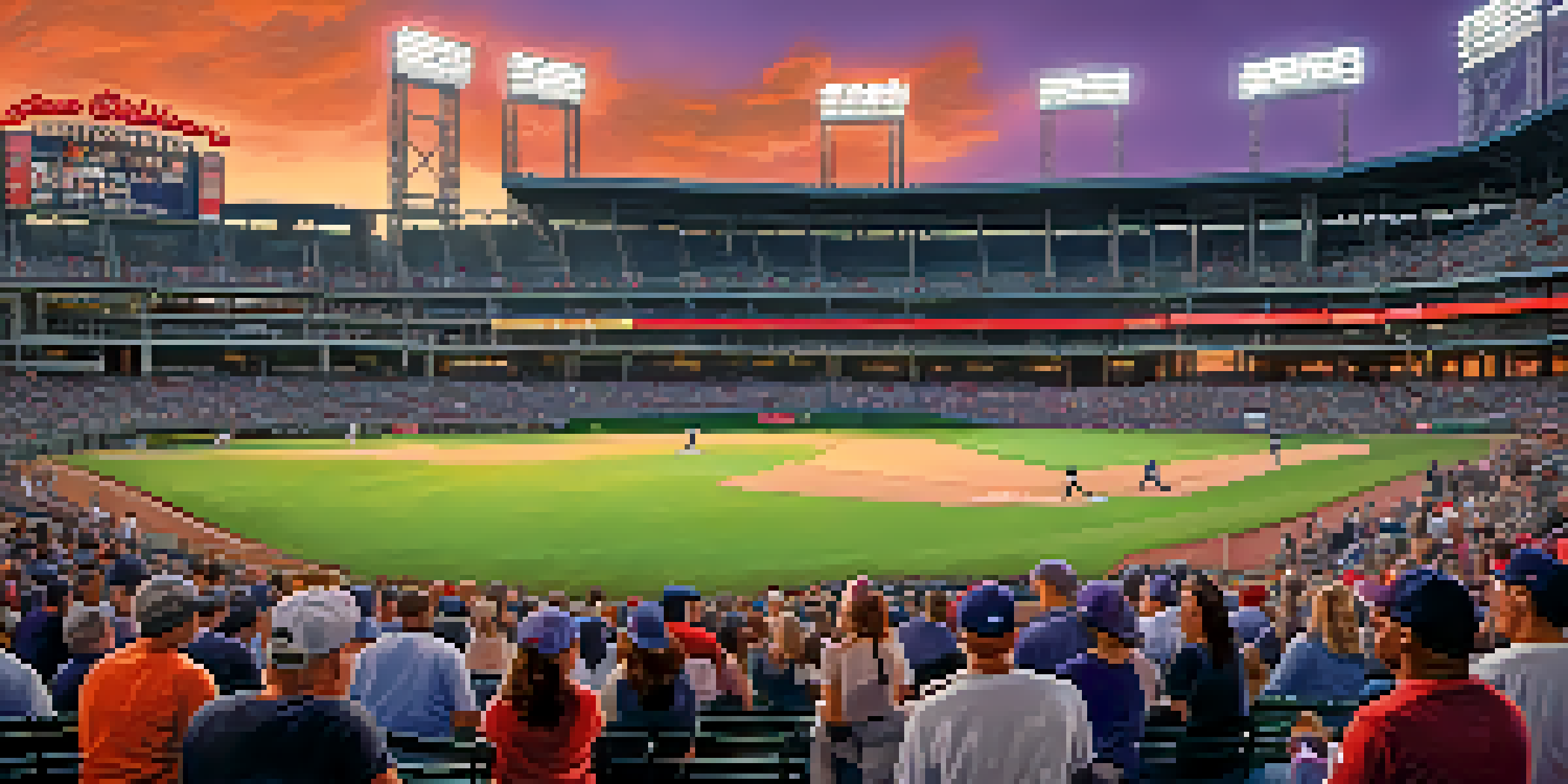 A baseball game at Truist Park with fans dressed in Atlanta Braves apparel, illuminated by sunset colors.