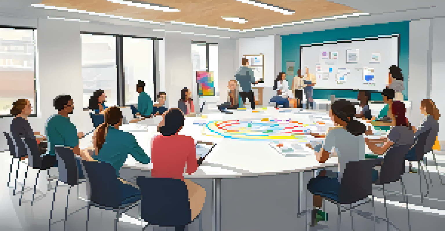 A workshop with young professionals practicing communication skills, featuring a circle of participants and a whiteboard in a bright room.