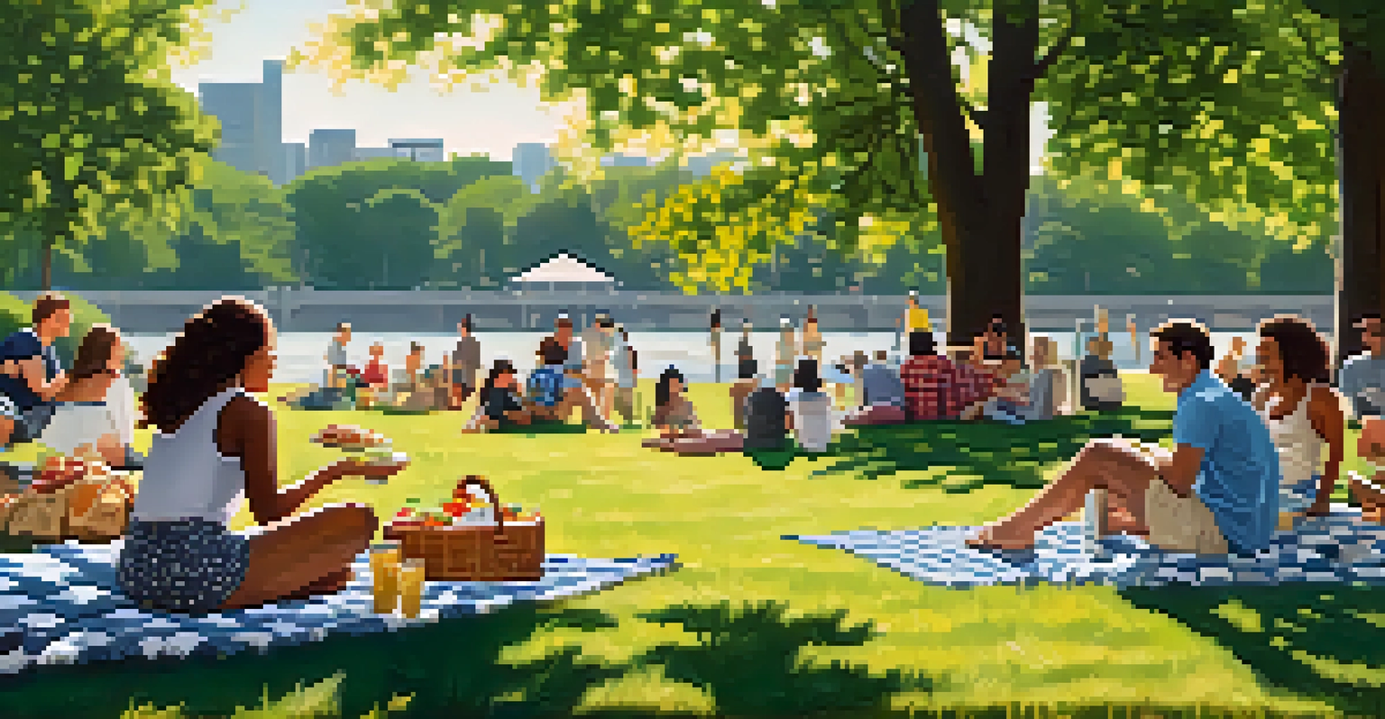A cheerful picnic scene in Piedmont Park, with a blanket, food basket, and friends enjoying a sunny day among greenery.