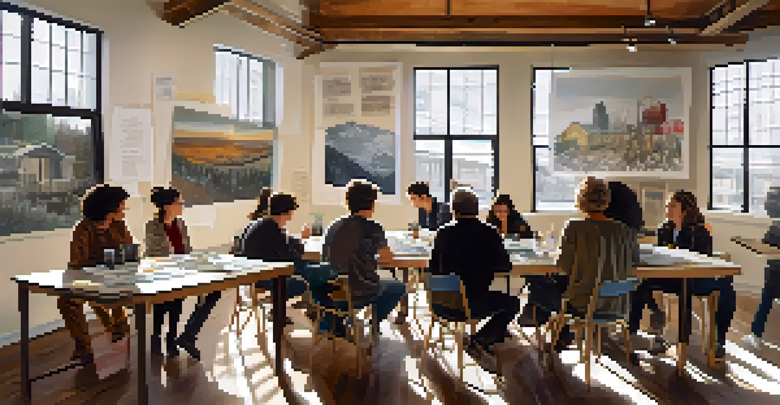 A workshop scene at the Sundance Film Festival with aspiring filmmakers discussing ideas around a table filled with notes and storyboards, illuminated by natural light.